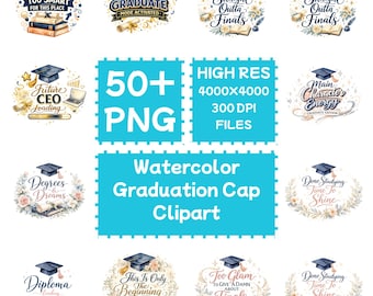 Watercolor Cap Graduation Clipart 50+PNG, Inspirational Quotes, Digital Download, Commercial Use