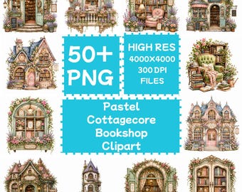 Pastel cottagecore bookshop Clipart 50+PNG, Digital Downloade, Commercial Use