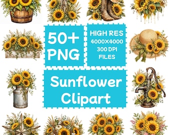 Sunflower Clipart 50+PNG, Digital Download, Commercial Use