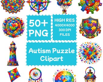 Autism Puzzle Clipart 50+PNG, Digital Download, Commercial Use