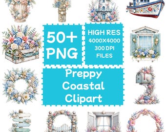 Preppy Coastal Clipart 50+PNG, Pobieranie cyfrowe, Użytek komercyjny