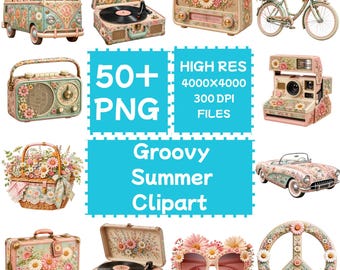 グルーヴィーな夏のクリップアート50点以上（PNG形式）、レトロなヒッピー風パステルカラー、デジタルダウンロード、商用利用可能