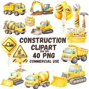 Könnte beinhalten: Aquarell-Illustration von Bau-Clipart. Das Bild zeigt verschiedene gelbe Baufahrzeuge, darunter einen Muldenkipper, einen Bagger und einen Betonmischer. Ebenfalls enthalten sind Ballons, Werkzeuge und eine Geschenkbox. Der Text "CONSTRUCTION CLIPART" wird angezeigt.