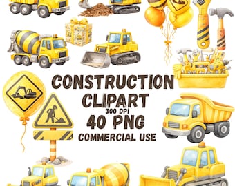 Aquarell Baustelle Clipart, Fahrzeuge, Geburtstag (PNG, Kommerzielle Nutzung)