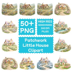 May include: Watercolor illustrations of colorful patchwork houses with flower gardens and pathways. The image includes text that reads "50+ PNG", "High Res 4000x4000 300 DPI FILES", and "Patchwork Little House Clipart".