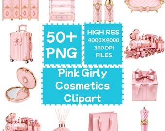 Pink Girly_Cosmetics Clipart 50+PNG, Digital Download, Commercial Use
