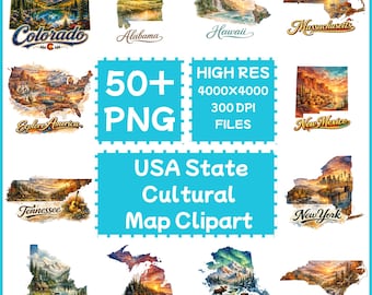Usa States Cultural Map Clipart 50+PNG, Digital Download, Commercial Use
