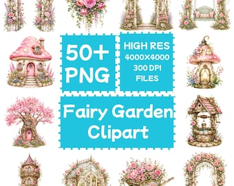 Clipart Fairy Garden 50+PNG, magiczny las do pobrania w wersji cyfrowej, do użytku komercyjnego