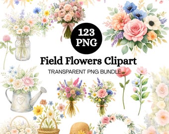 120 Field Flowers Clipart Png Bundle, wildflower clip art, Colorful Bouquets, Clipart Wreath Png, Floral Decors, COMMERCIAL USE
