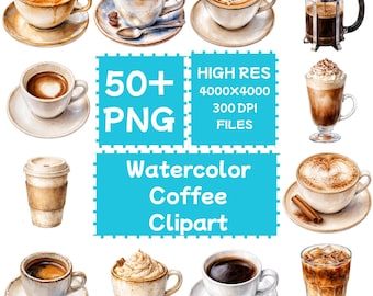 Akwarela Kawa Clipart Latte Art 50+PNG, Pobieranie cyfrowe, użycie komercyjne