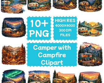 Camping-car avec feu de camp Clipart 10 + PNG, téléchargement numérique, usage commercial