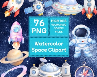 Paquete de imágenes prediseñadas del espacio en acuarela, astronauta adorable PNG, cohete espacial, planetas, ovnis, sublimación del espacio exterior, decoración de pared de galaxia para guardería, 76 archivos