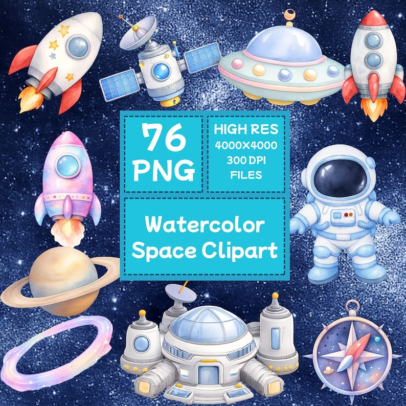 Watercolor Space Clipart Bundle, Cute Astronaut PNG, Rocket Ship ...