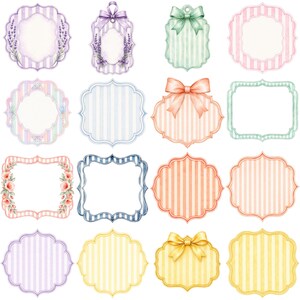 May include: A collection of sixteen decorative labels and tags featuring various scalloped edges, vertical stripes, and solid colours. Some designs include watercolour illustrations of lavender sprigs, floral accents, and tied ribbon bows.