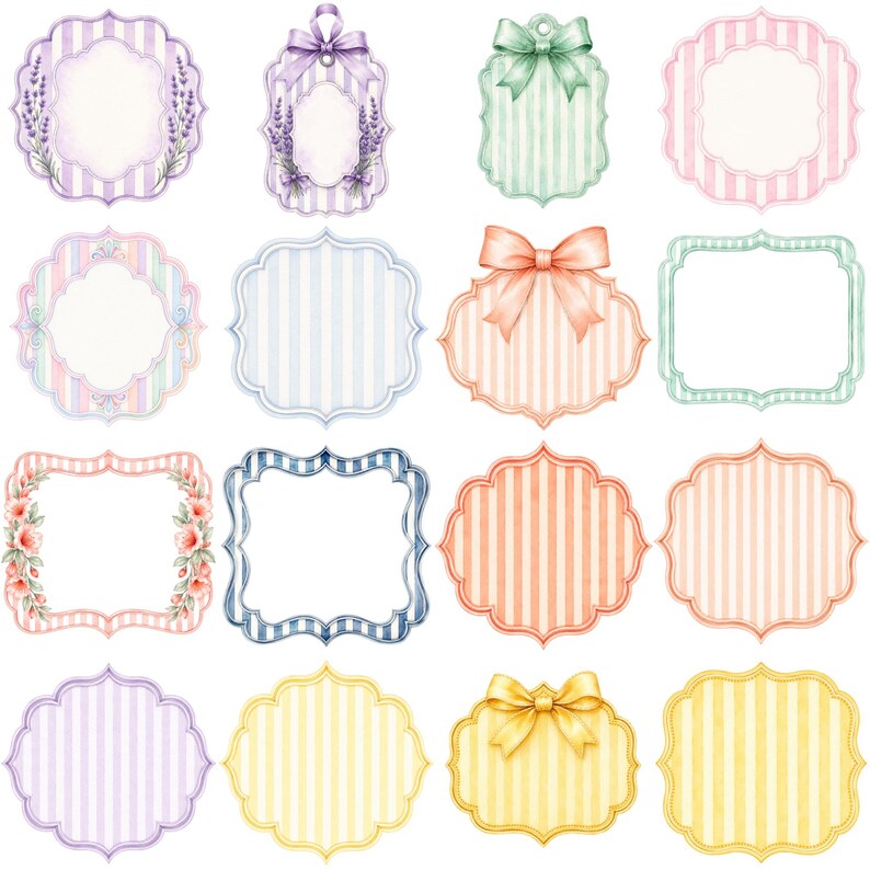 May include: A collection of sixteen decorative labels and tags featuring various scalloped edges, vertical stripes, and solid colours. Some designs include watercolour illustrations of lavender sprigs, floral accents, and tied ribbon bows.