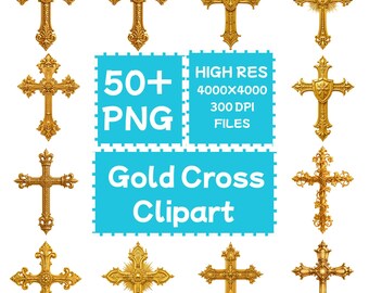 ゴールドクロスのクリップアート50+PNG、ゴールドの宗教シンボル、デジタルダウンロード、商用利用可