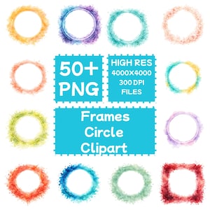 Op de afbeelding: Een verzameling aquarel cirkel frames in verschillende kleuren, waaronder oranje, blauw, groen en roze. De afbeelding bevat ook de tekst "50+ PNG", "HIGH RES 4000x4000 300 DPI FILES" en "Frames Circle Clipart".