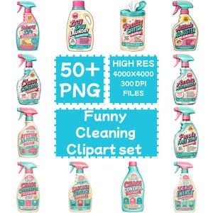以下が含まれることがあります： ユーモラスなクリーニング製品のクリップアートのコレクション。スプレーボトルや「Messy Life Cleaner」、「Chaos Control Cleaner」、「Zero Energy Surface Spray」などのラベルが付いたクリーニング製品の容器が含まれています。画像には「Funny Cleaning Clipart set」というテキストも含まれています。
