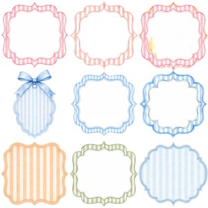 May include: A collection of nine decorative labels and frames featuring scalloped edges and vertical stripes in various pastel colours including pink, blue, orange, and green. One blue label includes a prominent tied ribbon bow at the top.