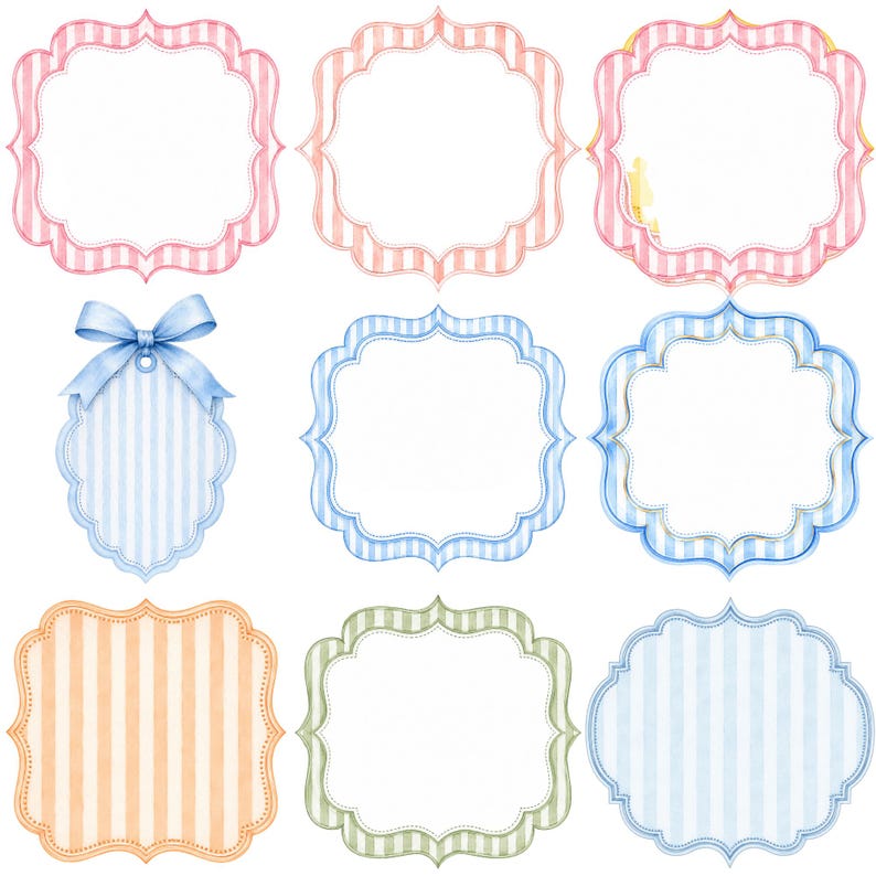 May include: A collection of nine decorative labels and frames featuring scalloped edges and vertical stripes in various pastel colours including pink, blue, orange, and green. One blue label includes a prominent tied ribbon bow at the top.