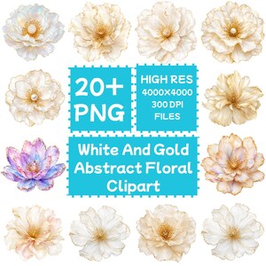 May include: A collection of digital floral illustrations featuring various white and gold flowers, including one purple and blue blossom. The image includes text stating 20+ PNG, HIGH RES 4000x4000 300 DPI FILES, and White And Gold Abstract Floral Clipart.