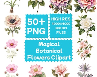 Magical Botanical Flowers Clipart 50+PNG, Digital Download, Commercial Use