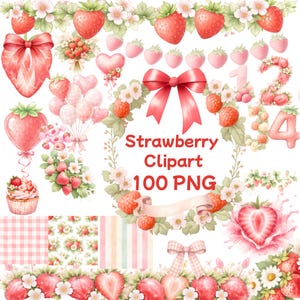 Può includere: Una collezione di elementi di clipart ad acquerello a tema fragola. Include fragole, fiocchi, composizioni floreali, palloncini, numeri e motivi. Il testo "Strawberry Clipart 100 PNG" è visualizzato in rosso.