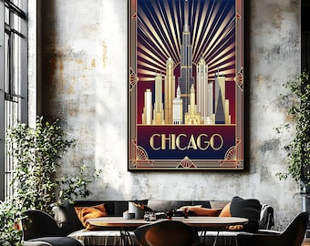 Póster imprimible Art Déco de Chicago, decoración de pared vintage con horizonte, impresión de viaje en azul marino y dorado, descarga instantánea de 300 DPI