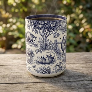 May include: A ceramic mug featuring a dark blue and cream toile-style pattern of opossums in a natural setting. The design includes illustrations of opossums, fruit trees, mushrooms, and a wooden fence, with a dark blue interior rim and steam.