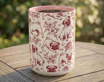 Pug Toile Mug | Crimson Toile de Jouy Pug Coffee Cup | Pug Lover Gift