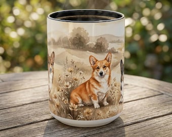 Corgi Watercolor Mug | Vintage Landscape Pembroke Welsh Corgi Coffee Cup | Dog Lover Gift