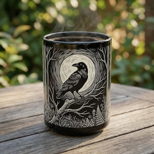 May include: A black ceramic mug featuring a white linocut-style illustration of a raven perched on a tree branch against a large circular moon. The design includes detailed forest foliage at the base and bare tree branches framing the scene.
