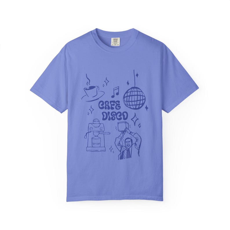 Cafe Disco Shirt | The Office Inspired Tee | Funny Dunder Mifflin Michael Scott Quote | Retro Disco Office Fan Shirt Flo Blue