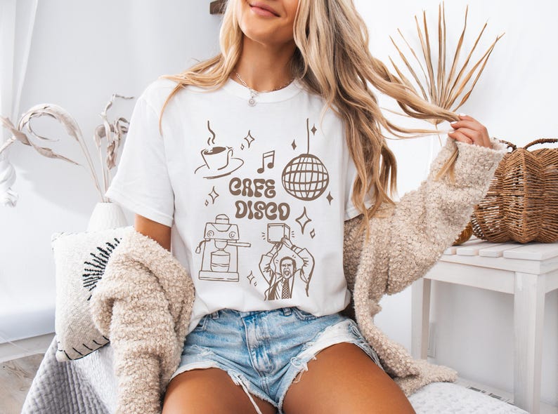 Cafe Disco Shirt | The Office Inspired Tee | Funny Dunder Mifflin Michael Scott Quote | Retro Disco Office Fan Shirt White