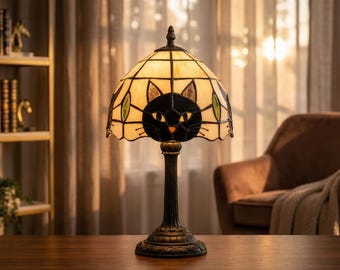 Stained Glass Cat Table Lamp, Tiffany Style Bedroom Light, Vintage Whimsical Decor, Black Cat Design, Cozy Night Lamp for Cat Lovers