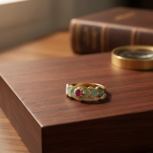 Peut inclure: Une bague en or avec un motif floral, ornée d'une pierre rouge centrale et d'émail bleu clair. La bague est posée sur une surface en bois foncé, avec un livre et une loupe en arrière-plan.