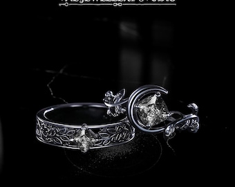 Black Rutilated Quartz Ring Set | 925 Sterling Silver Crescent Moon, Gothic Witchy Jewelry