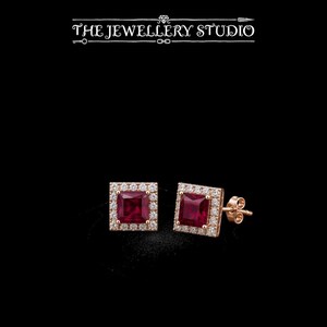 Ruby Princess Cut Stud Earrings | Square Halo Earrings | S925 Sterling Silver Rose Gold Earrings | July Birthstone Gift for Her