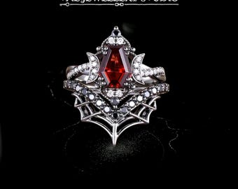 Roter Coffin Cut Labrador Rubin Ring • Gothic Dark Fantasy PaarSchmuck