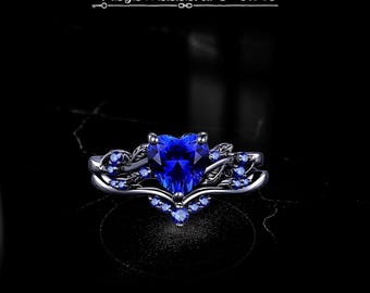 Blue Heart Engagement Ring Set | Sapphire Inspired Bridal Ring | Nature Wedding Band | Gothic Fantasy Ring | Silver Leaf Vine Promise Ring