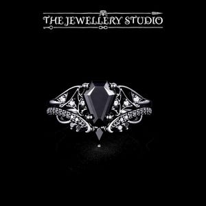 Black Onyx Coffin Ring | Gothic Engagement | Vintage Black Gold Sterling Silver