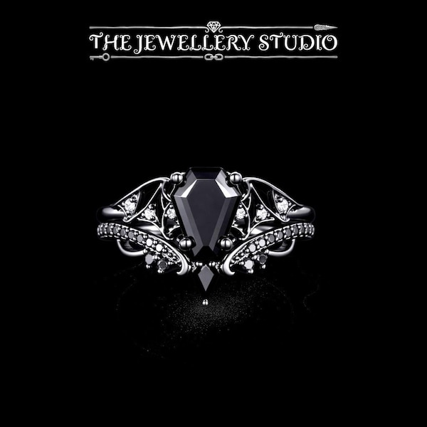 Anillo de ataúd de ónix negro / Anillo de compromiso gótico / Plata de ley con oro negro vintage
