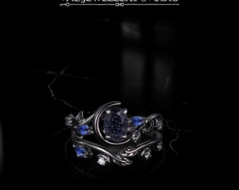 Blue Sandstone Moon Ring | 925 Silver Gothic Vine Statement Ring