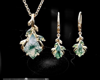 Conjunto de joyas de ágata musgosa / Collar y pendientes de plata de ley