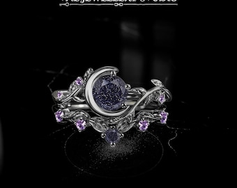 Blue Sandstone Moon Ring Set • Sterling Silver Celestial Bridal Jewelry