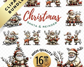 Christmas Santa & Reindeer PNG Clipart Bundle – Watercolor Storybook Set – 16 PNG Instant Download