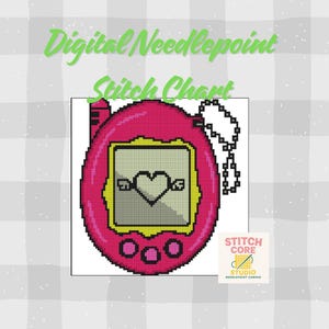 May include: Digital needlepoint stitch chart featuring a pixelated pink handheld game with a heart graphic on a white background. The text "Digital Needlepoint Stitch Chart" is in green. The Stitch Core Studio logo is in the bottom right.