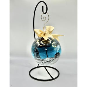 Christmas Hand Painted Winter Landscape Ornament – Snowy Cabin & Pine Trees, Blue Night Sky, Large 4" unbreakable One of a Kind