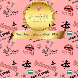 May include: A seamless digital pattern on a pink background featuring various spooky elements. The design includes vampire lips, a witch's hat, a zombie, and the text "Bite Me" and "Hellmouth". A gold banner reads "Seamless digital pattern PNG".