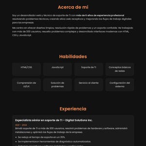 May include: A resume for Alex Mendoza, a web developer and IT support technician. The resume includes sections on skills, experience, and contact information, with a dark background and orange accents.